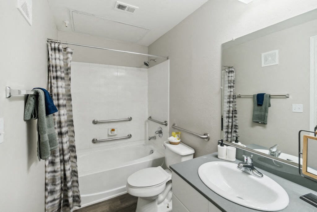Bathroom with shower at The Sorento Apartments in San Antonio TX